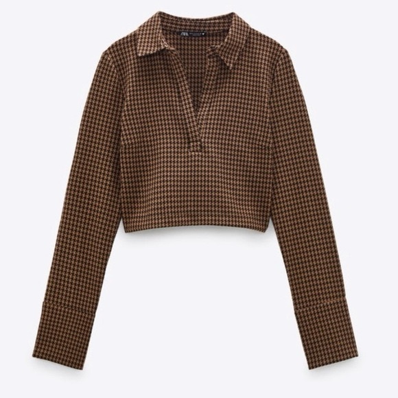 ZARA Houndstooth Crop Top Long Sleeve Collared Brown Size Medium - Picture 3 of 8